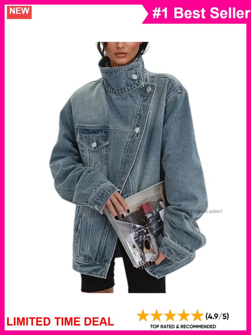 Oversized Denim Jacket Women Trendy Long Sleeve Button Casual Jean Jacket
